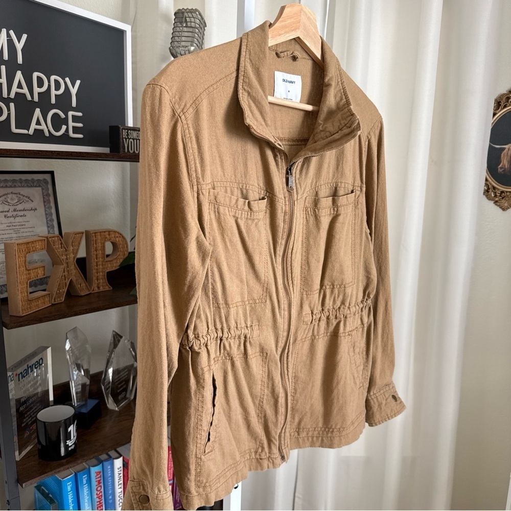 Old Navy Mock Neck Linen Blend Utility Jacket Women’s Size M Lightweight Zip - Picture 3 of 9